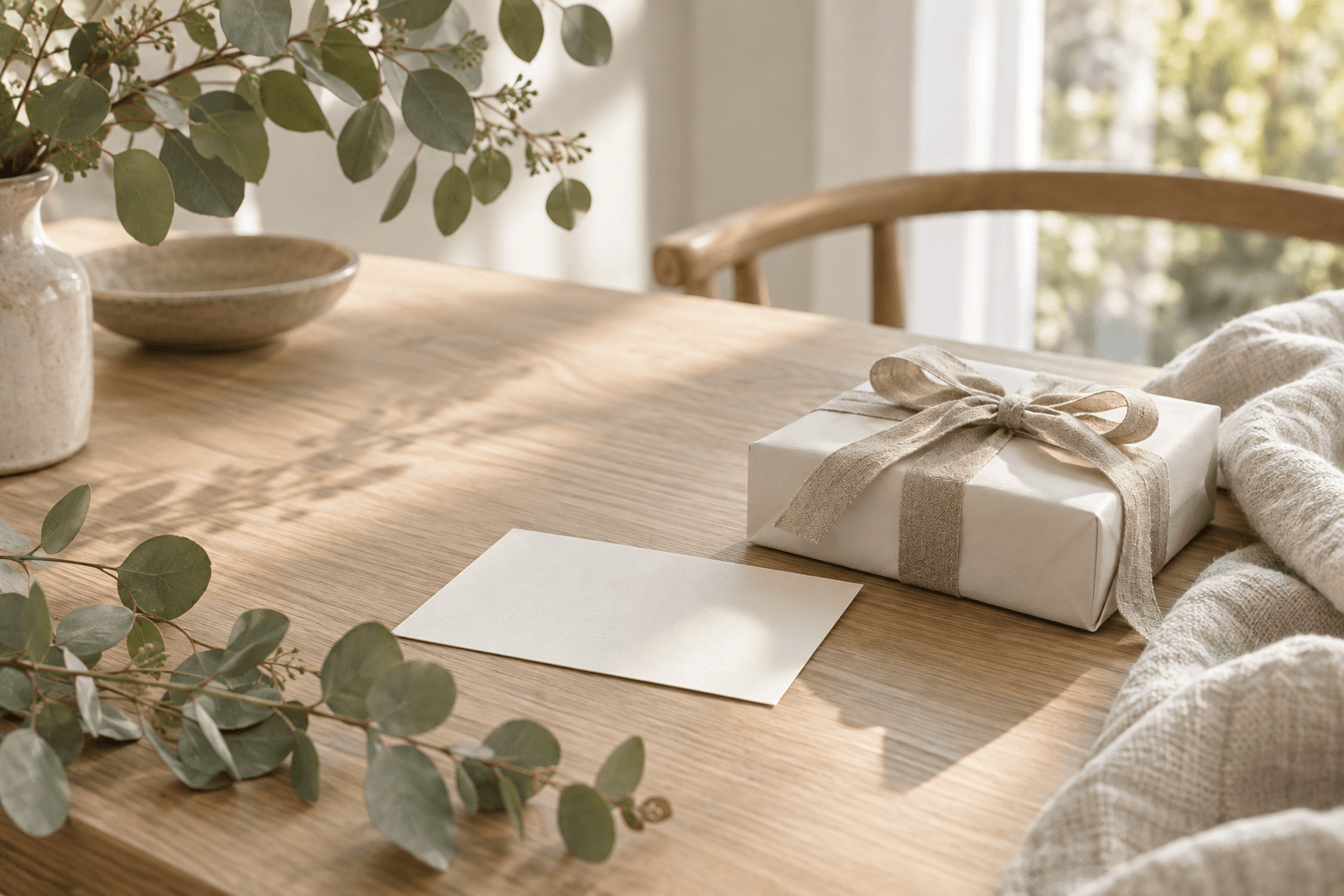 A linen-wrapped gift on a warm oak table, framed by eucalyptus leaves