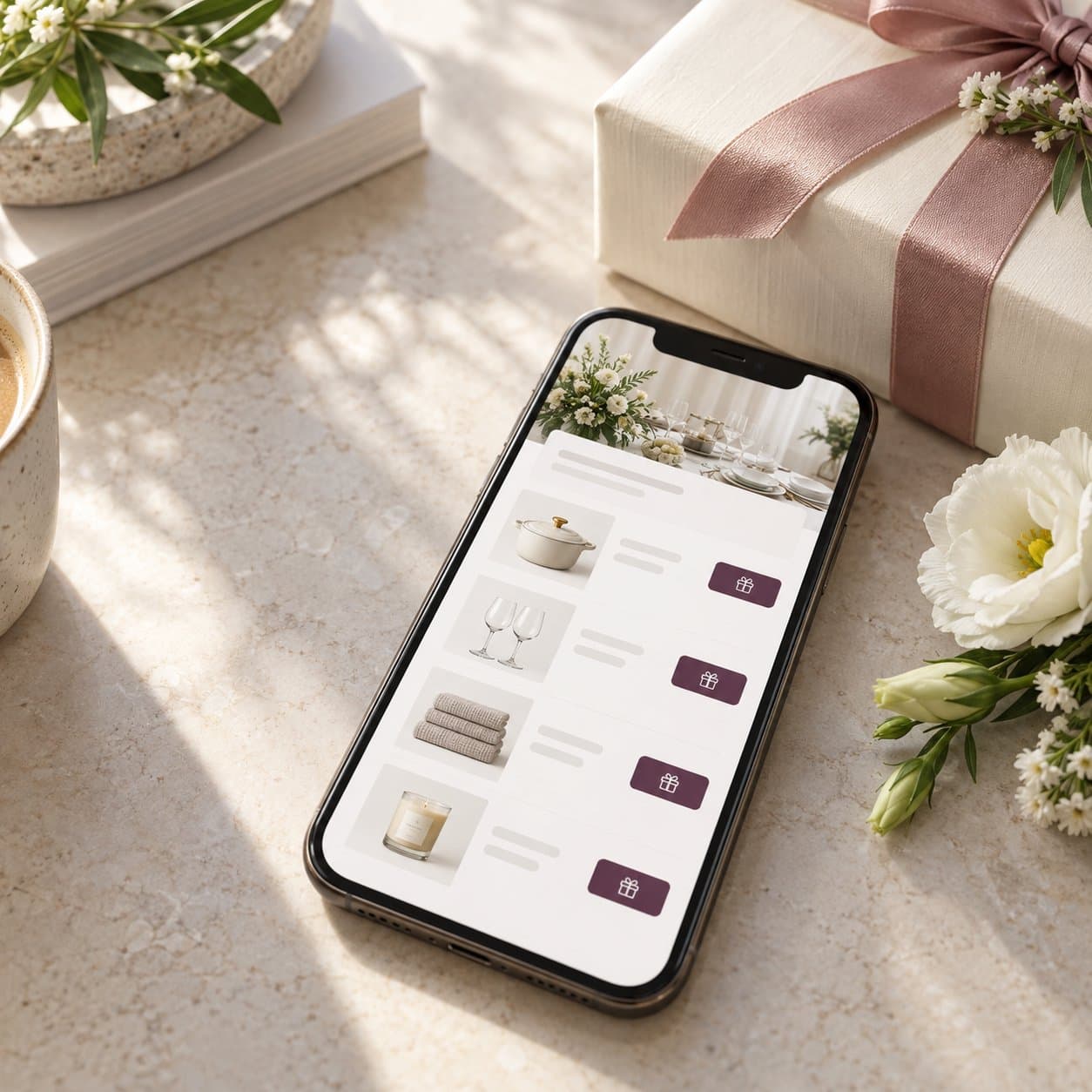 A gift list on a phone beside a wrapped present and flowers