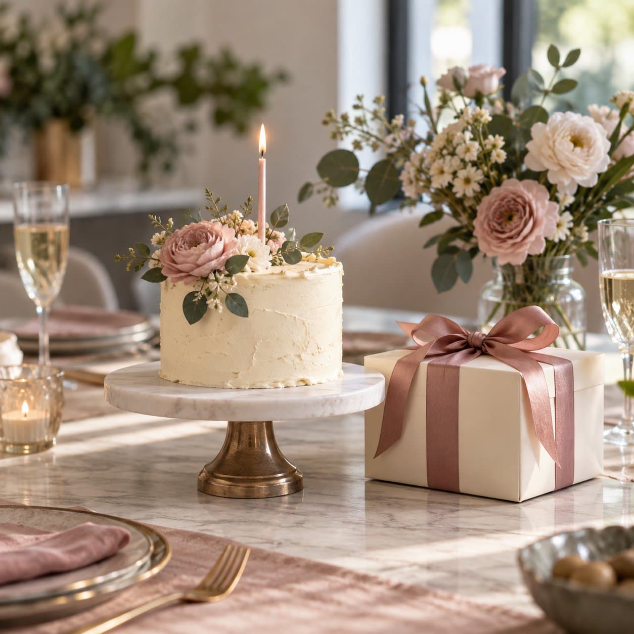 A birthday cake and wrapped present on a celebration table